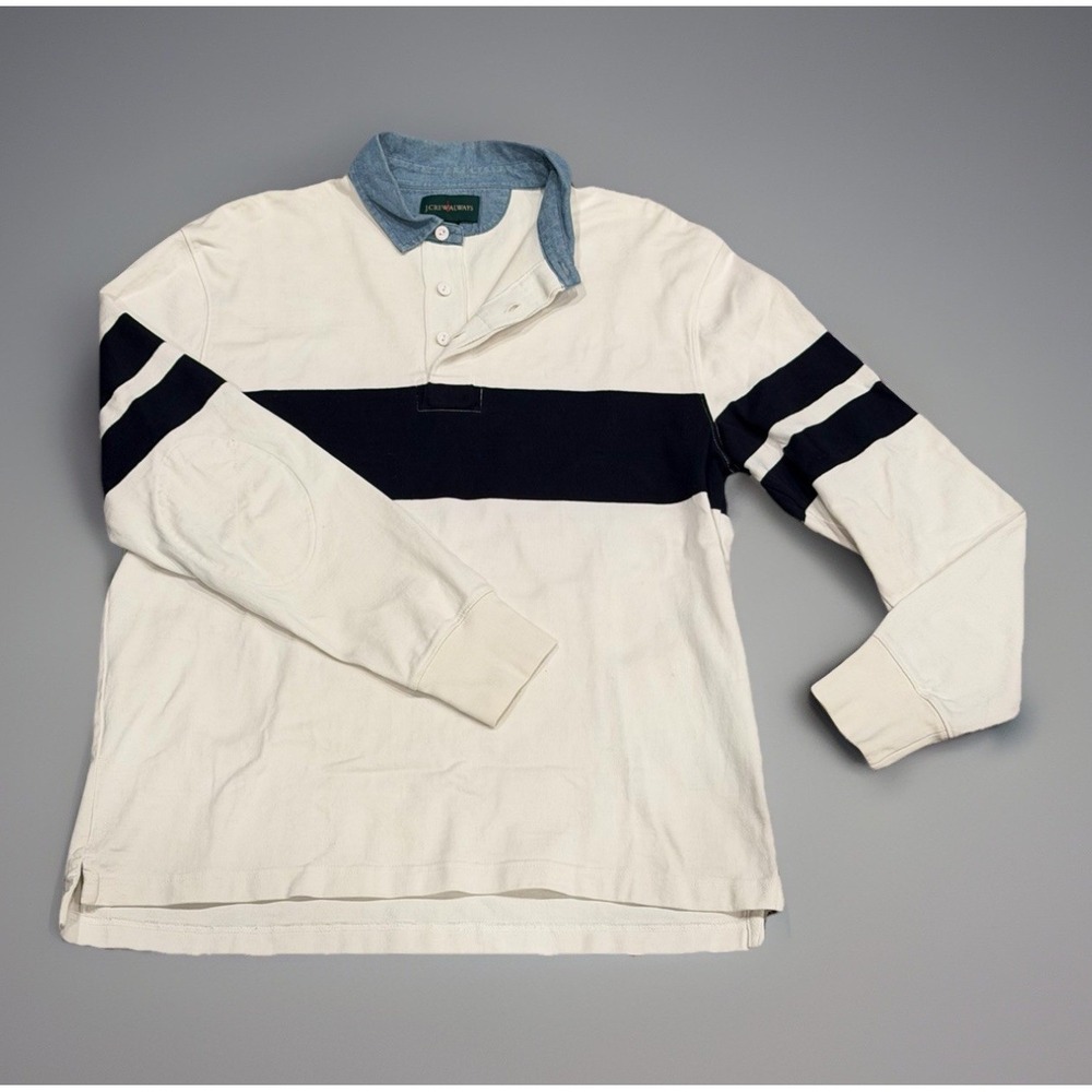 J. Crew Factory Cream Rugby Polo with Navy Stripe and Chambray Collar